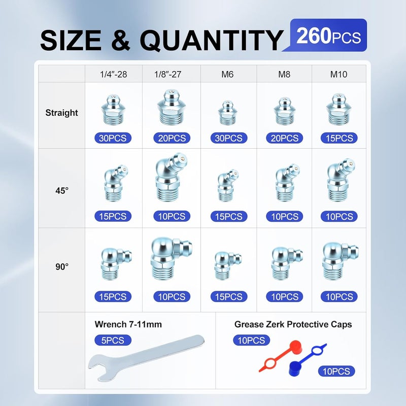 TAVONUXT 260 PCS SAE & Metric Grease Fittings Kit - Hydraulic Zerk Assortment 1/4" 1/8" M6 M8 M10 with Straight, 45°, and 90° Degree Heads for Automotive and Industrial Use, Galvanized Steel Set - Image 2